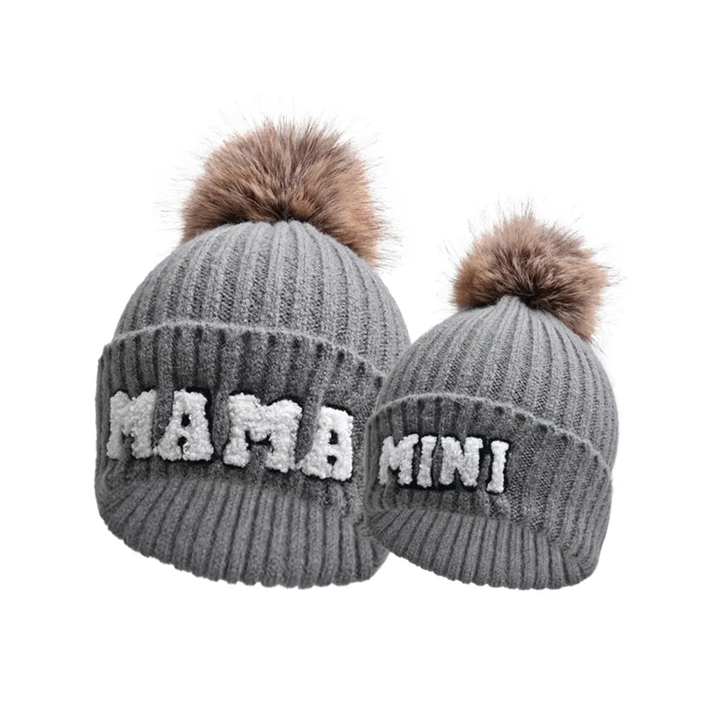 2 Piece Set Mama & Mini Matching Hats Winter Warm Cap with Pom-Pom