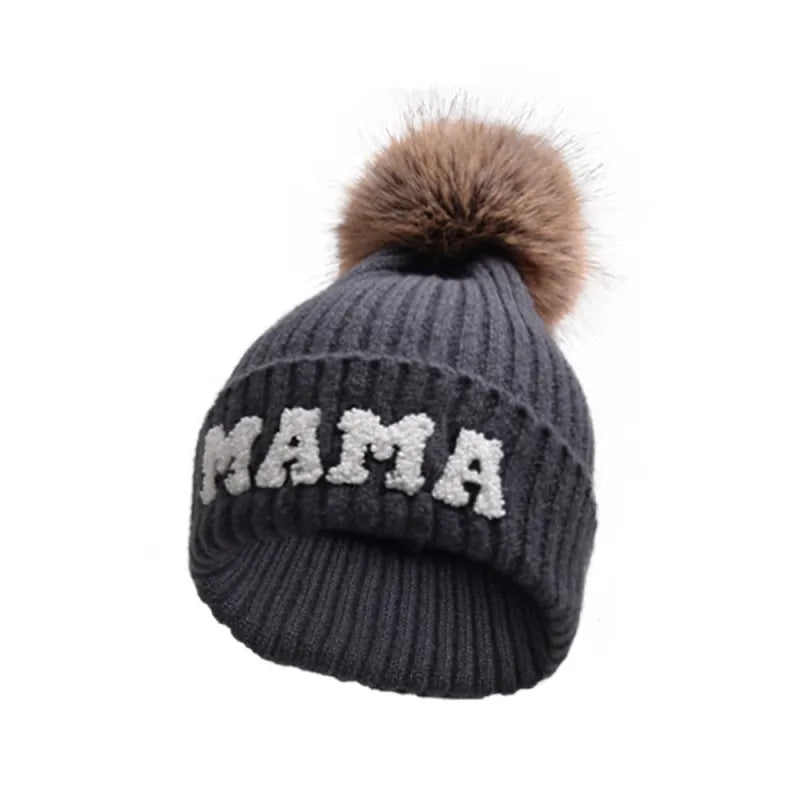 2 Piece Set Mama & Mini Matching Hats Winter Warm Cap with Pom-Pom