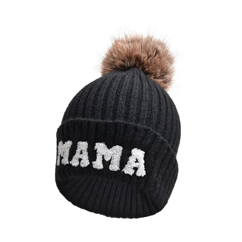 2 Piece Set Mama & Mini Matching Hats Winter Warm Cap with Pom-Pom