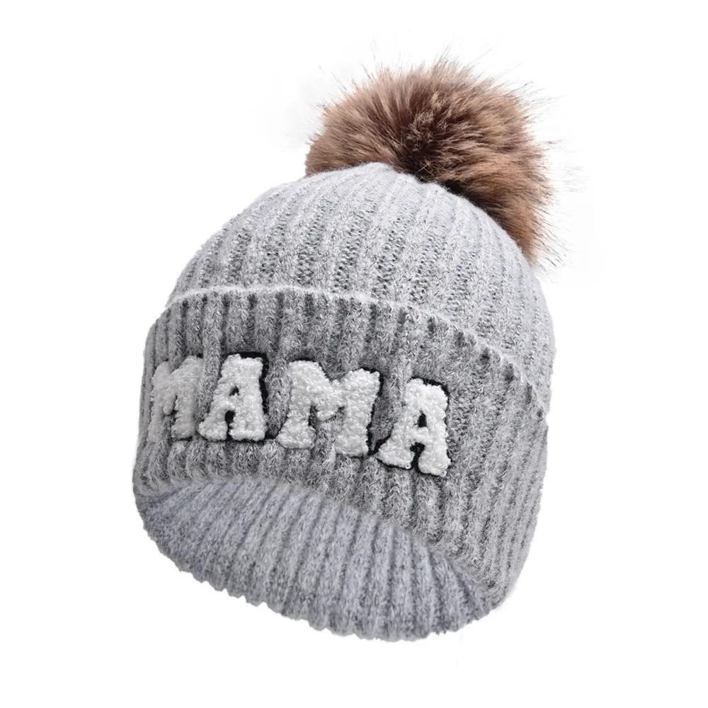 2 Piece Set Mama & Mini Matching Hats Winter Warm Cap with Pom-Pom