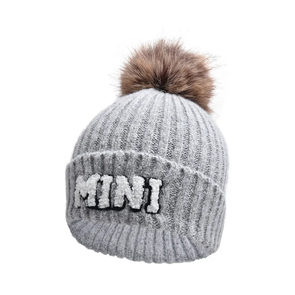 2 Piece Set Mama & Mini Matching Hats Winter Warm Cap with Pom-Pom