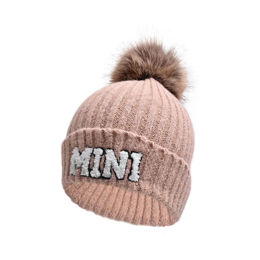 2 Piece Set Mama & Mini Matching Hats Winter Warm Cap with Pom-Pom