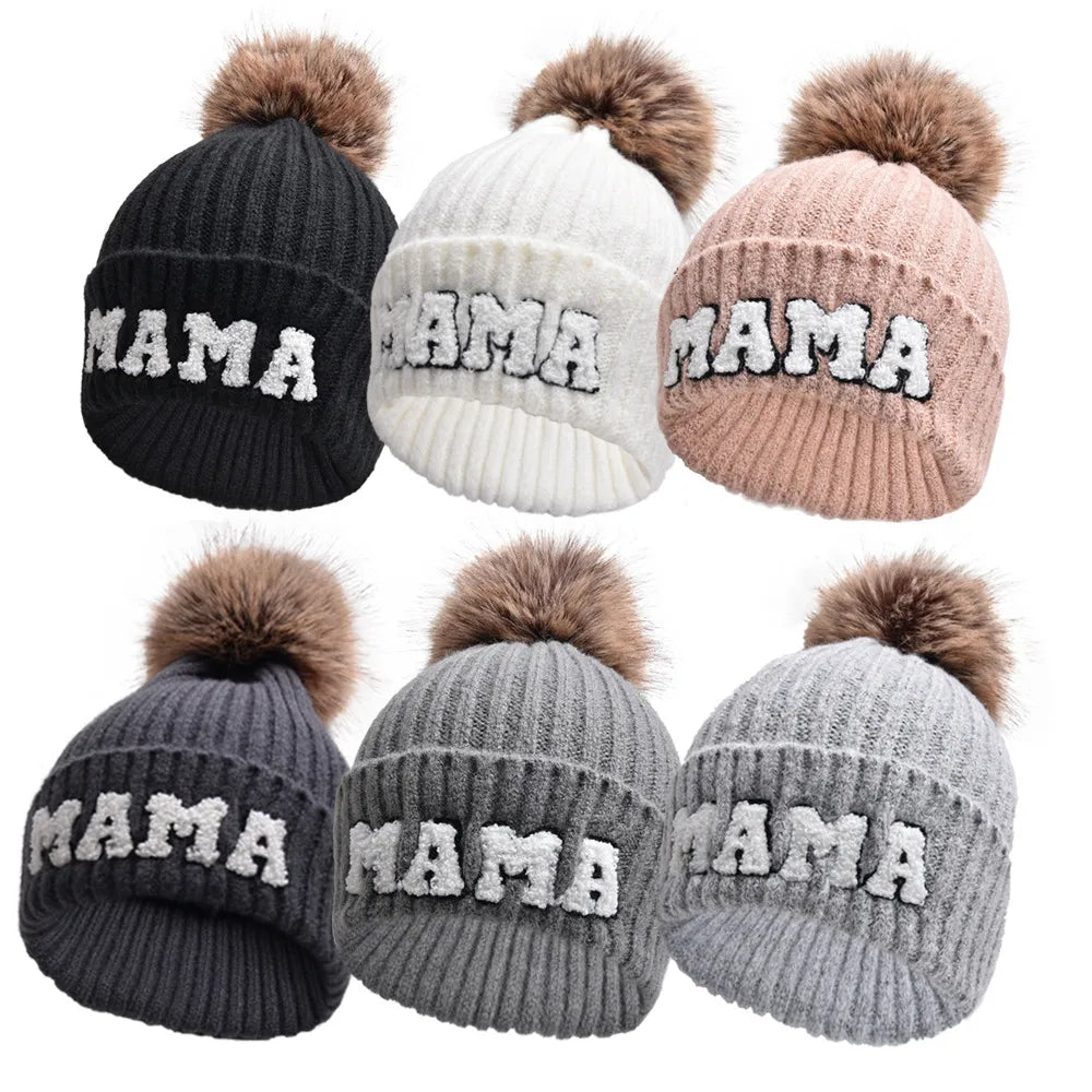 2 Piece Set Mama & Mini Matching Hats Winter Warm Cap with Pom-Pom