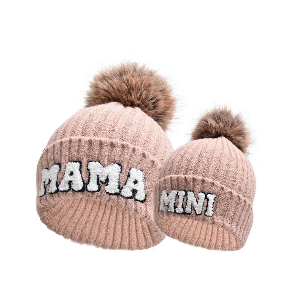 2 Piece Set Mama & Mini Matching Hats Winter Warm Cap with Pom-Pom