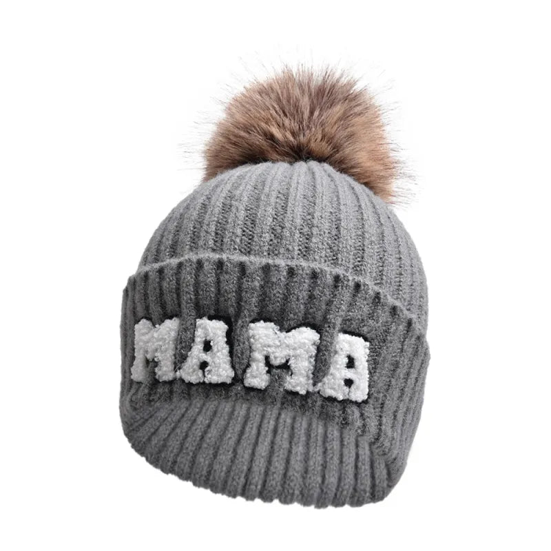 2 Piece Set Mama & Mini Matching Hats Winter Warm Cap with Pom-Pom