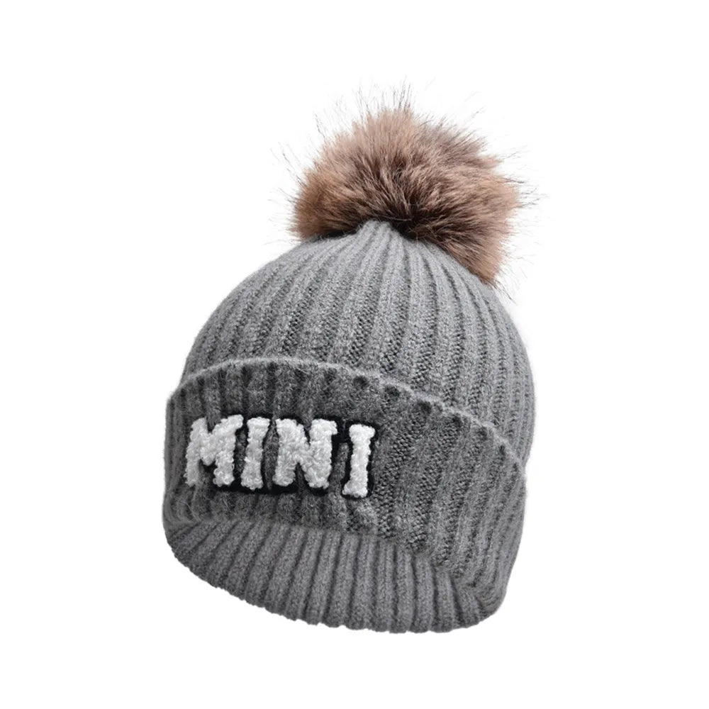 2 Piece Set Mama & Mini Matching Hats Winter Warm Cap with Pom-Pom