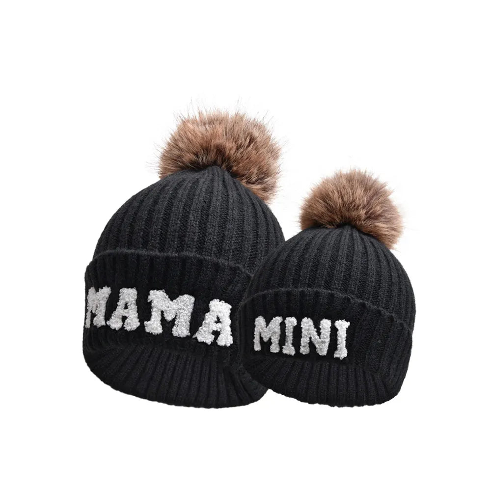 2 Piece Set Mama & Mini Matching Hats Winter Warm Cap with Pom-Pom