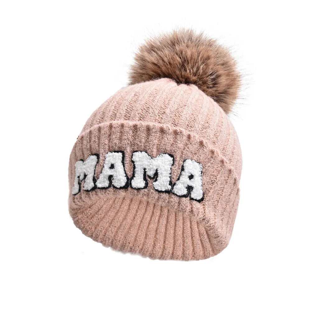 2 Piece Set Mama & Mini Matching Hats Winter Warm Cap with Pom-Pom