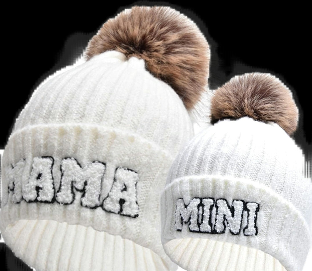 2 Piece Set Mama & Mini Matching Hats Winter Warm Cap with Pom-Pom