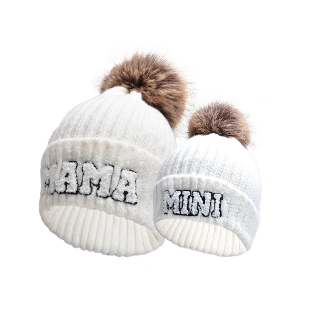 2 Piece Set Mama & Mini Matching Hats Winter Warm Cap with Pom-Pom