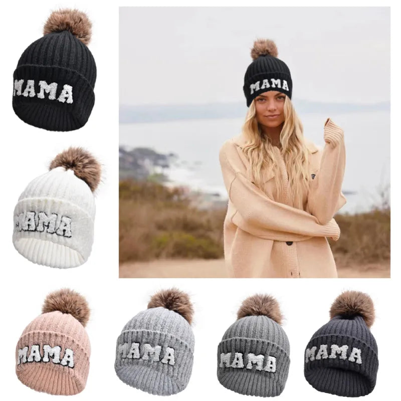 2 Piece Set Mama & Mini Matching Hats Winter Warm Cap with Pom-Pom