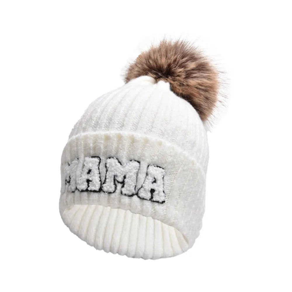 2 Piece Set Mama & Mini Matching Hats Winter Warm Cap with Pom-Pom