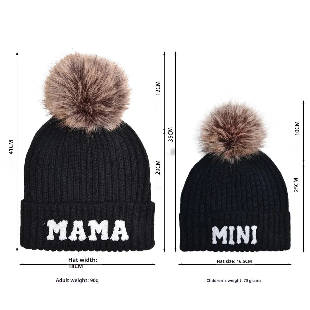 2 Piece Set Mama & Mini Matching Hats Winter Warm Cap with Pom-Pom