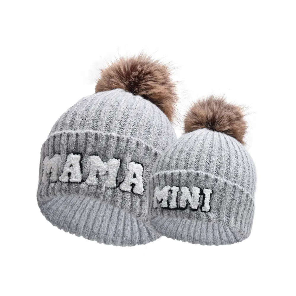 2 Piece Set Mama & Mini Matching Hats Winter Warm Cap with Pom-Pom