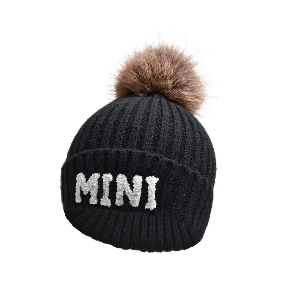 2 Piece Set Mama & Mini Matching Hats Winter Warm Cap with Pom-Pom