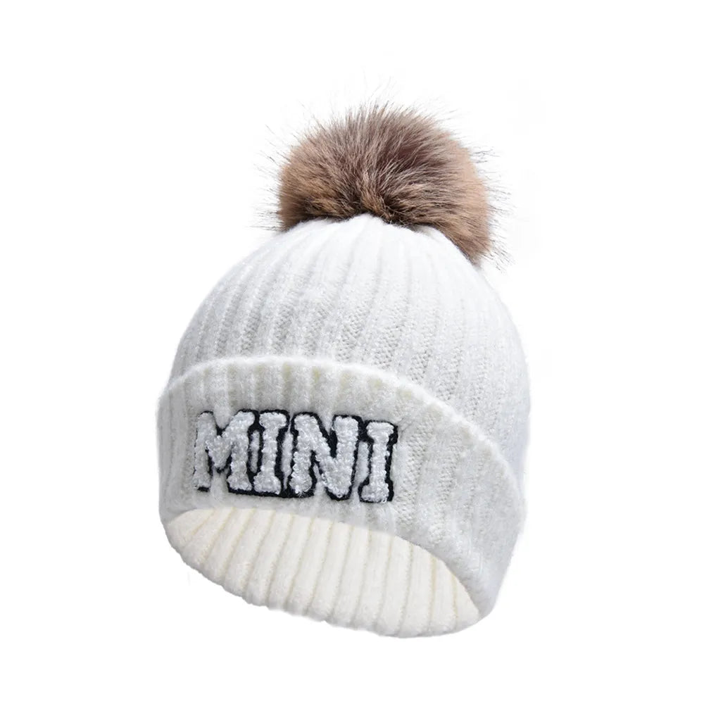 2 Piece Set Mama & Mini Matching Hats Winter Warm Cap with Pom-Pom